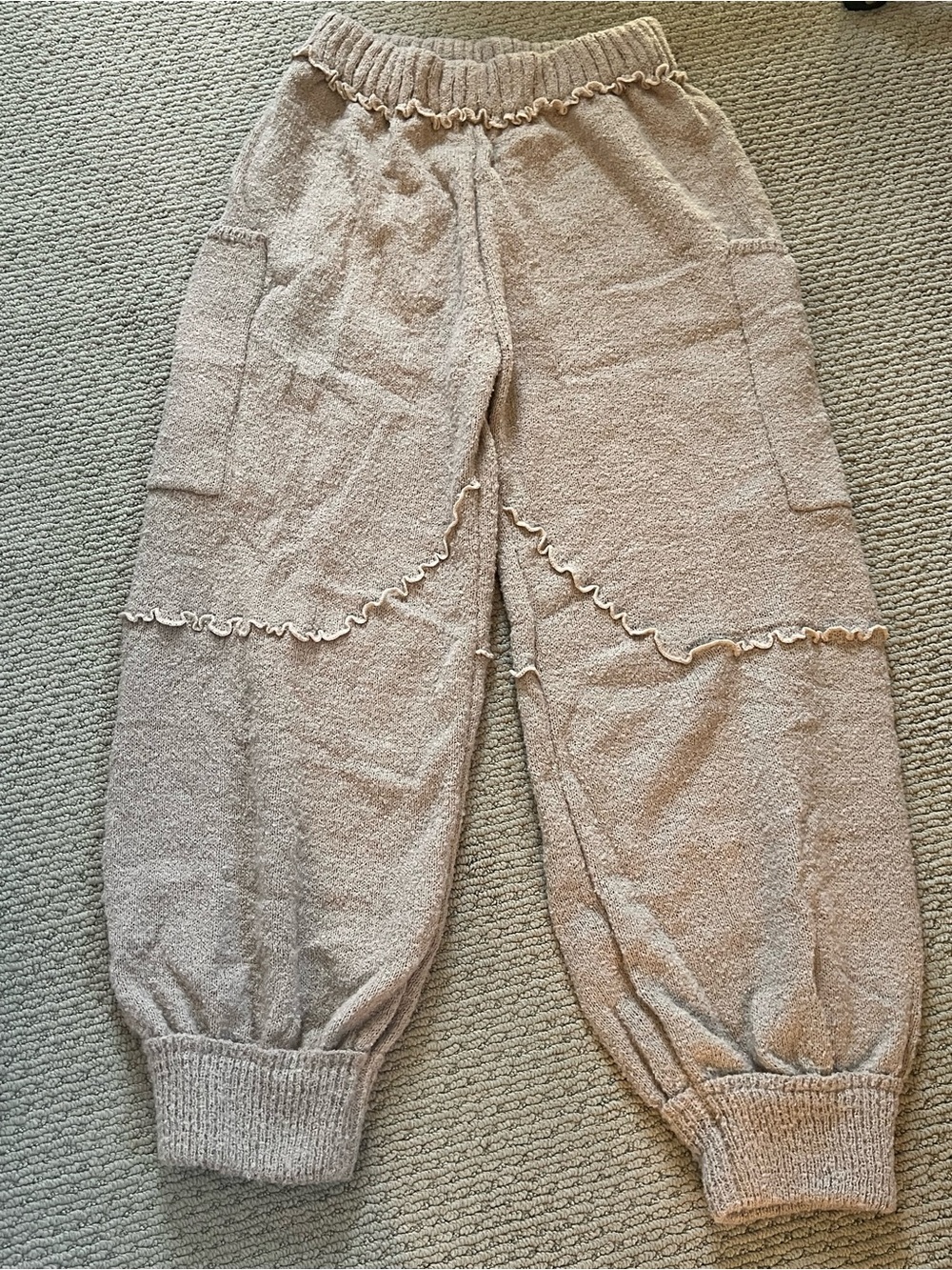 Knit Ruffle Waist Track Pants in Light Beige
